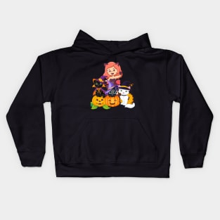 funny witch and her cats enjoy in halloween Kids Hoodie